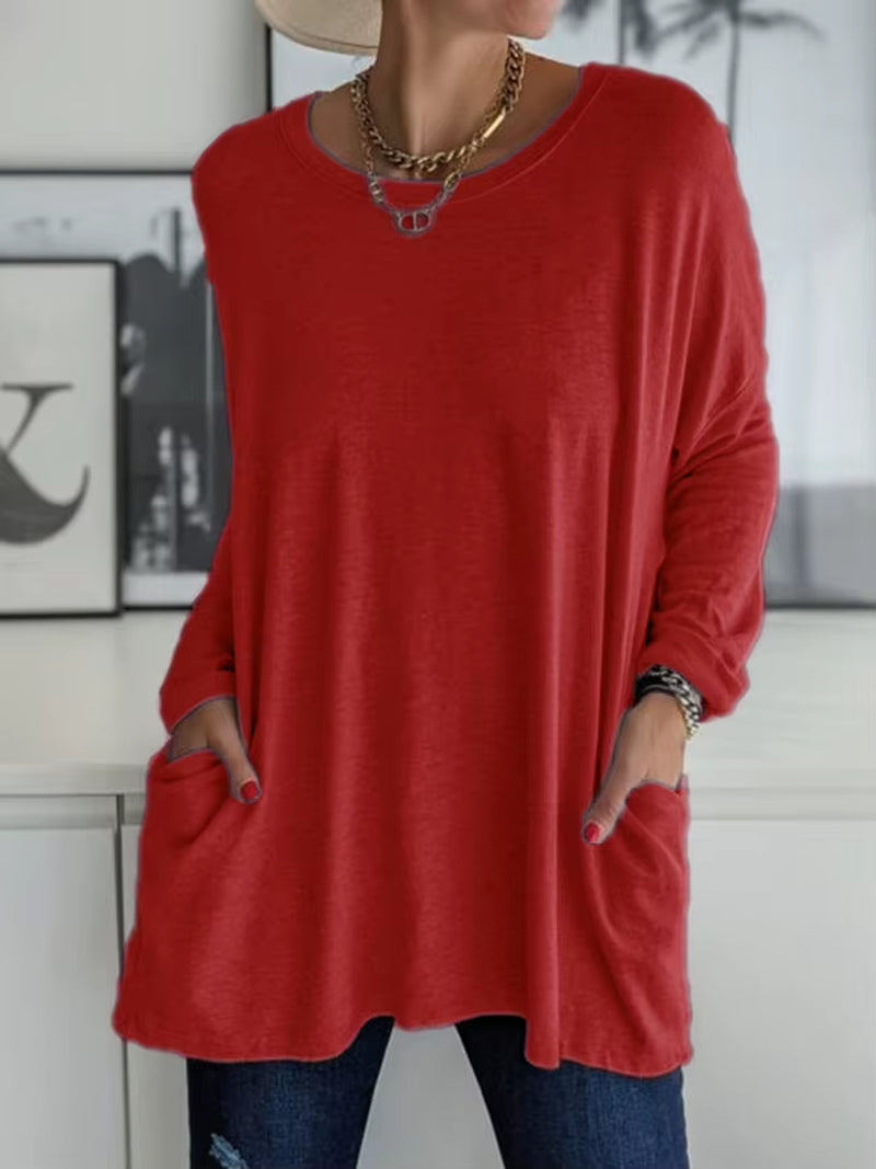 Solid Color Vintage Pocket Oversized T-Shirt Female Clothing Fashion Autumn Tunics Basic Y2K Top Women 2021 Long Sleeve T Shirt