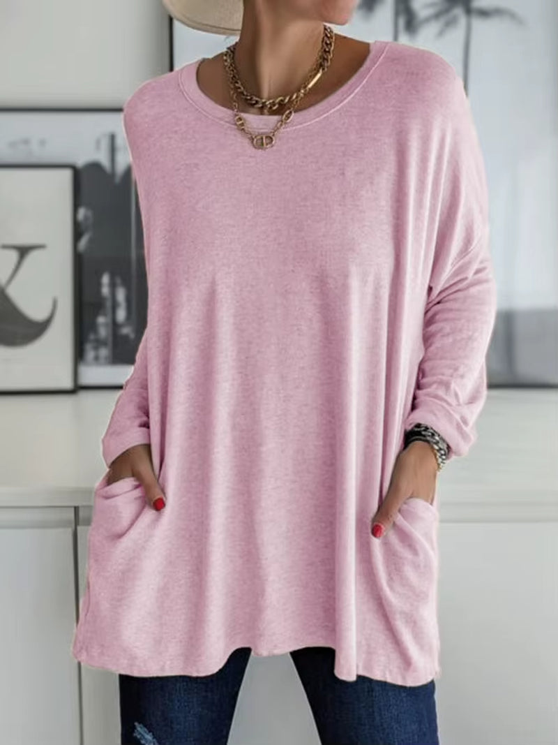Solid Color Vintage Pocket Oversized T-Shirt Female Clothing Fashion Autumn Tunics Basic Y2K Top Women 2021 Long Sleeve T Shirt