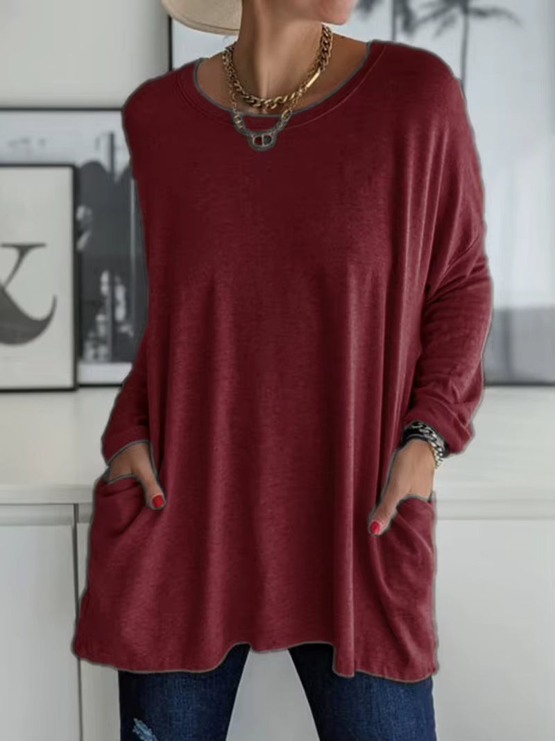 Solid Color Vintage Pocket Oversized T-Shirt Female Clothing Fashion Autumn Tunics Basic Y2K Top Women 2021 Long Sleeve T Shirt