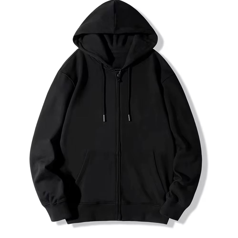 Black Zip up Hoodie Unisex Casual Street Style Sweatshirt Basic Solid Color Hooded Top for All-Match Outfits"