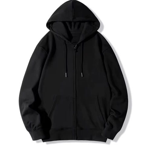 Black Zip up Hoodie Unisex Casual Street Style Sweatshirt Basic Solid Color Hooded Top for All-Match Outfits"