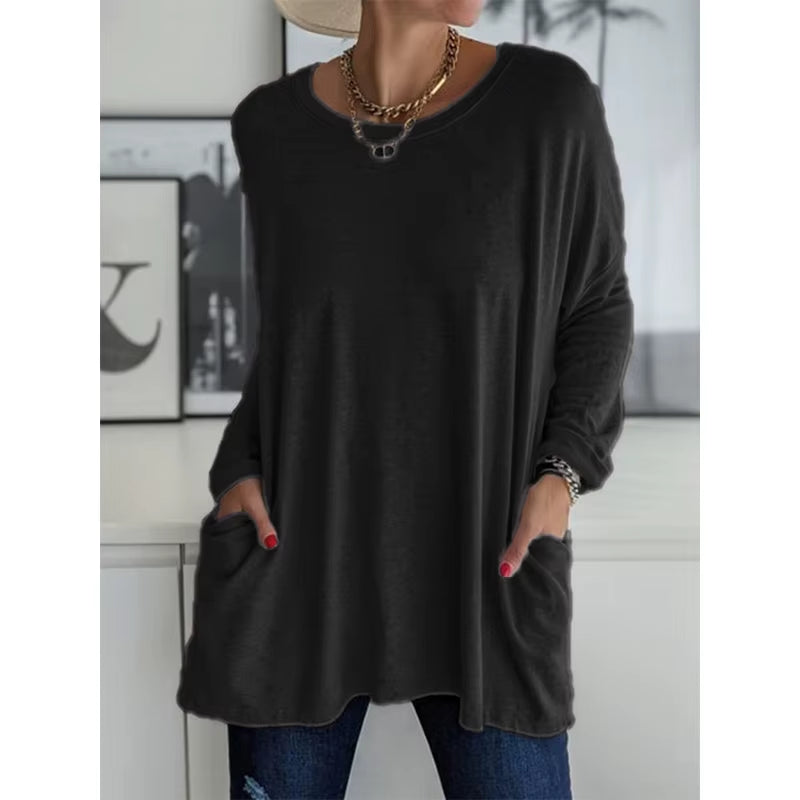 Solid Color Vintage Pocket Oversized T-Shirt Female Clothing Fashion Autumn Tunics Basic Y2K Top Women 2021 Long Sleeve T Shirt