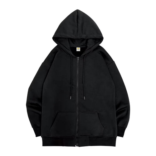 Black Zip up Hoodie Unisex Casual Street Style Sweatshirt Basic Solid Color Hooded Top for All-Match Outfits"