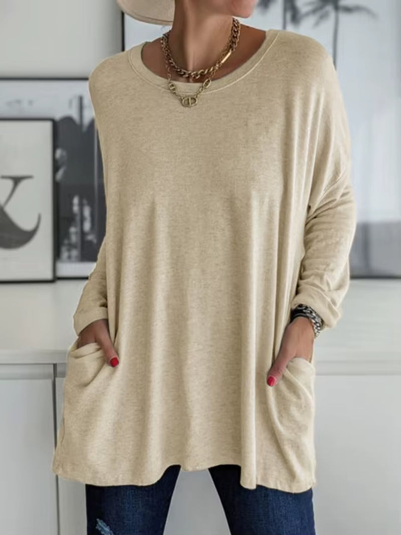 Solid Color Vintage Pocket Oversized T-Shirt Female Clothing Fashion Autumn Tunics Basic Y2K Top Women 2021 Long Sleeve T Shirt