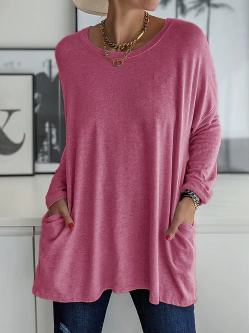 Solid Color Vintage Pocket Oversized T-Shirt Female Clothing Fashion Autumn Tunics Basic Y2K Top Women 2021 Long Sleeve T Shirt