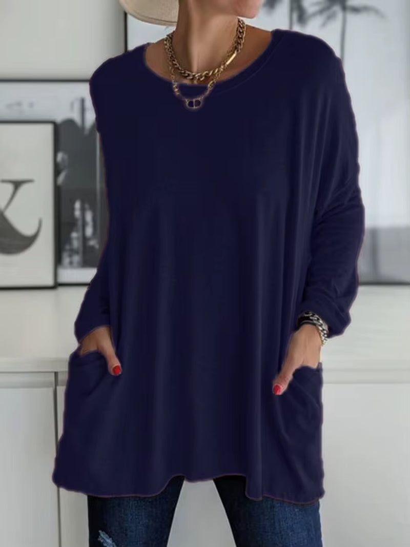 Solid Color Vintage Pocket Oversized T-Shirt Female Clothing Fashion Autumn Tunics Basic Y2K Top Women 2021 Long Sleeve T Shirt