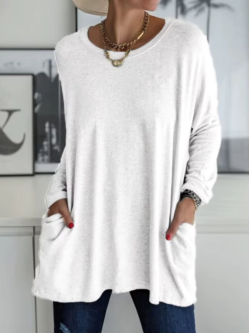 Solid Color Vintage Pocket Oversized T-Shirt Female Clothing Fashion Autumn Tunics Basic Y2K Top Women 2021 Long Sleeve T Shirt