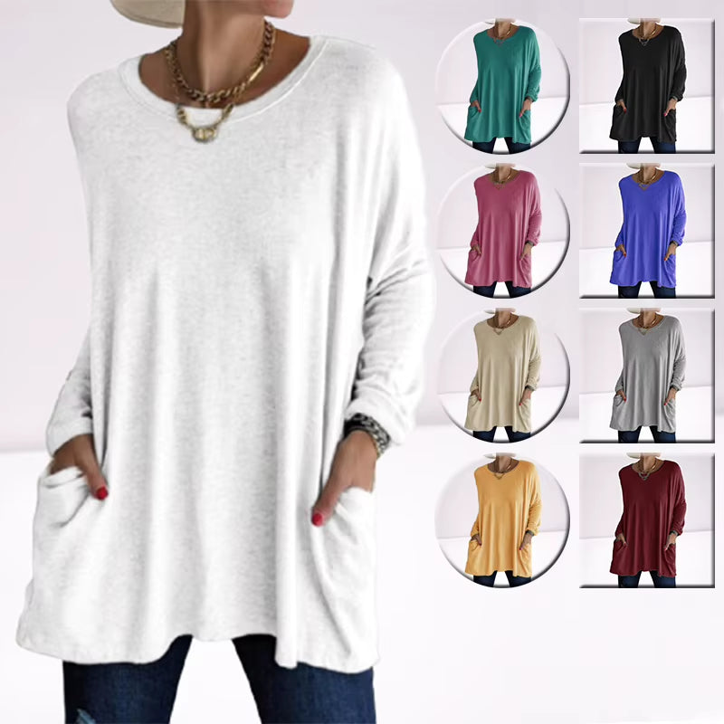 Solid Color Vintage Pocket Oversized T-Shirt Female Clothing Fashion Autumn Tunics Basic Y2K Top Women 2021 Long Sleeve T Shirt