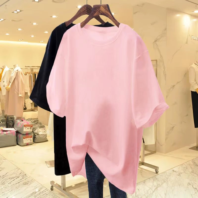 Women Clothing Fashion Cotton O-Neck Short Sleeve T-Shirt Summer Casual Loose Oversized Solid Top Tee Basic Pullover 45-105Kg