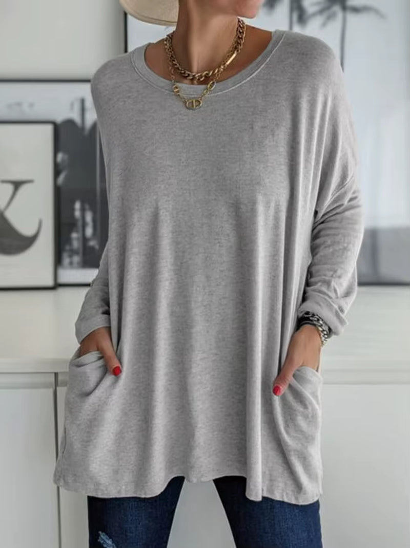 Solid Color Vintage Pocket Oversized T-Shirt Female Clothing Fashion Autumn Tunics Basic Y2K Top Women 2021 Long Sleeve T Shirt