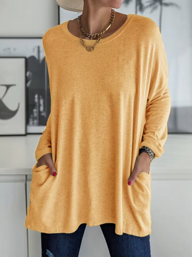 Solid Color Vintage Pocket Oversized T-Shirt Female Clothing Fashion Autumn Tunics Basic Y2K Top Women 2021 Long Sleeve T Shirt