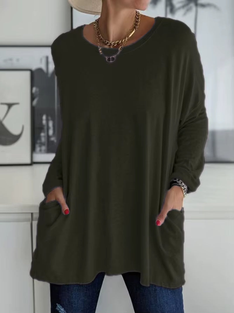 Solid Color Vintage Pocket Oversized T-Shirt Female Clothing Fashion Autumn Tunics Basic Y2K Top Women 2021 Long Sleeve T Shirt