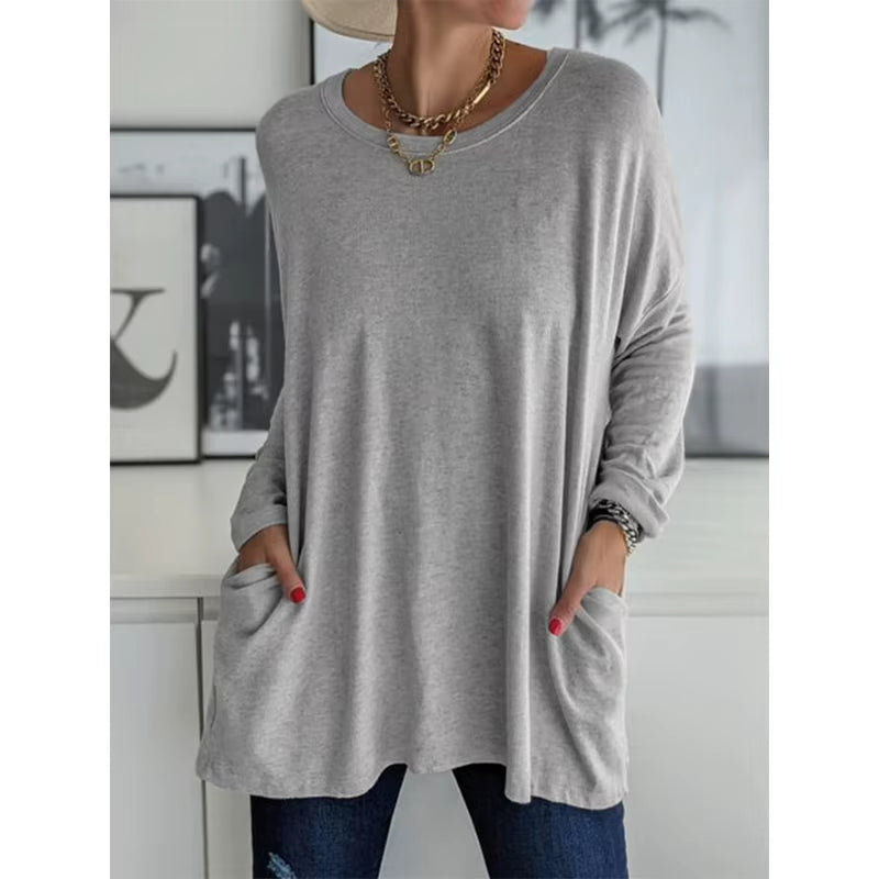 Solid Color Vintage Pocket Oversized T-Shirt Female Clothing Fashion Autumn Tunics Basic Y2K Top Women 2021 Long Sleeve T Shirt