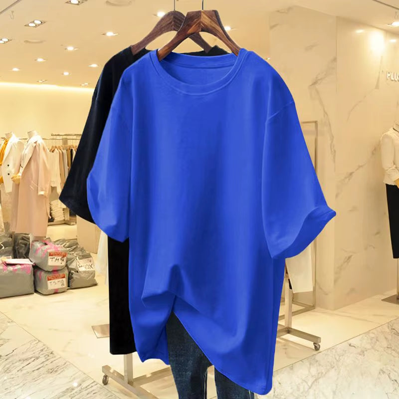 Women Clothing Fashion Cotton O-Neck Short Sleeve T-Shirt Summer Casual Loose Oversized Solid Top Tee Basic Pullover 45-105Kg