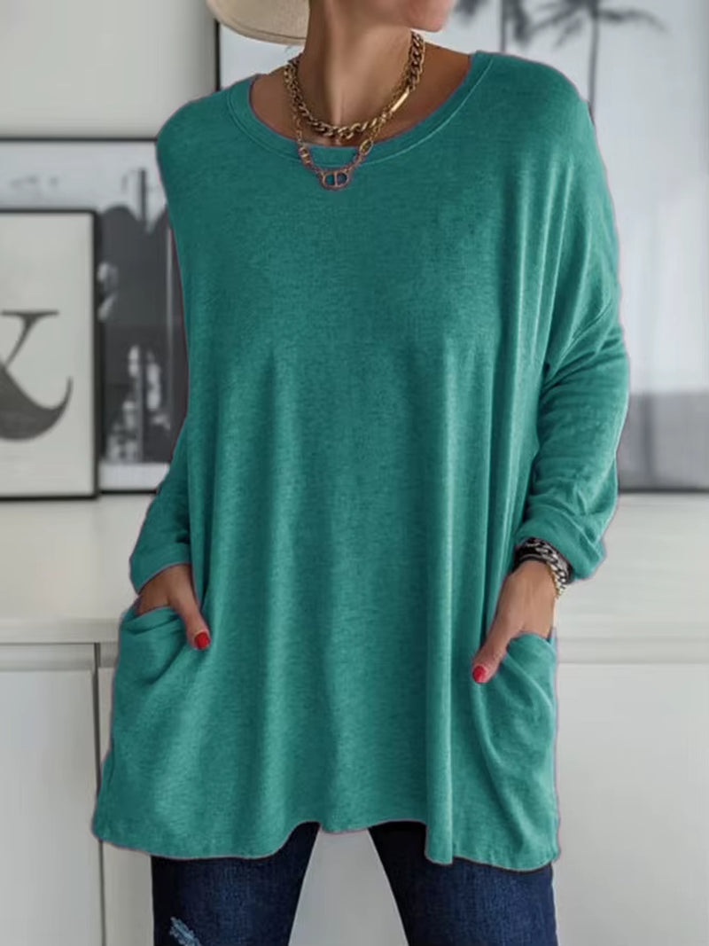 Solid Color Vintage Pocket Oversized T-Shirt Female Clothing Fashion Autumn Tunics Basic Y2K Top Women 2021 Long Sleeve T Shirt