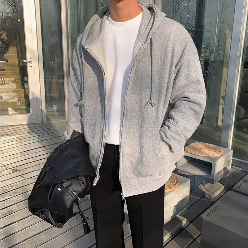 Black Zip up Hoodie Unisex Casual Street Style Sweatshirt Basic Solid Color Hooded Top for All-Match Outfits"