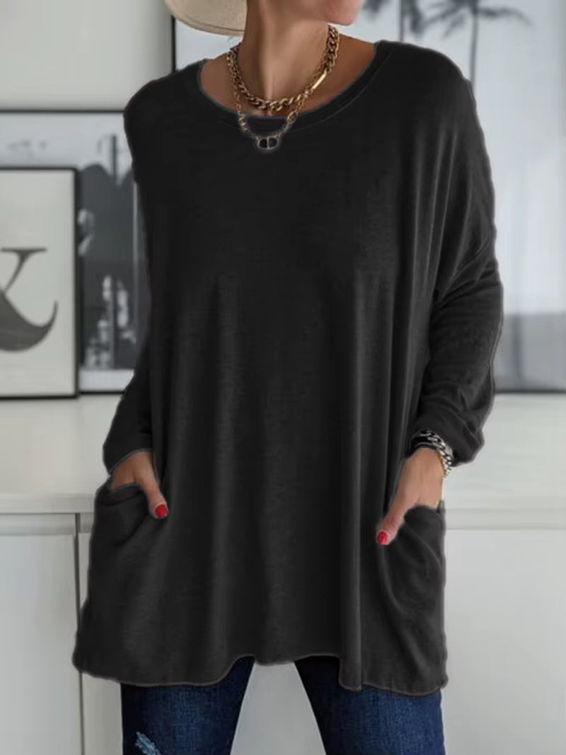 Solid Color Vintage Pocket Oversized T-Shirt Female Clothing Fashion Autumn Tunics Basic Y2K Top Women 2021 Long Sleeve T Shirt