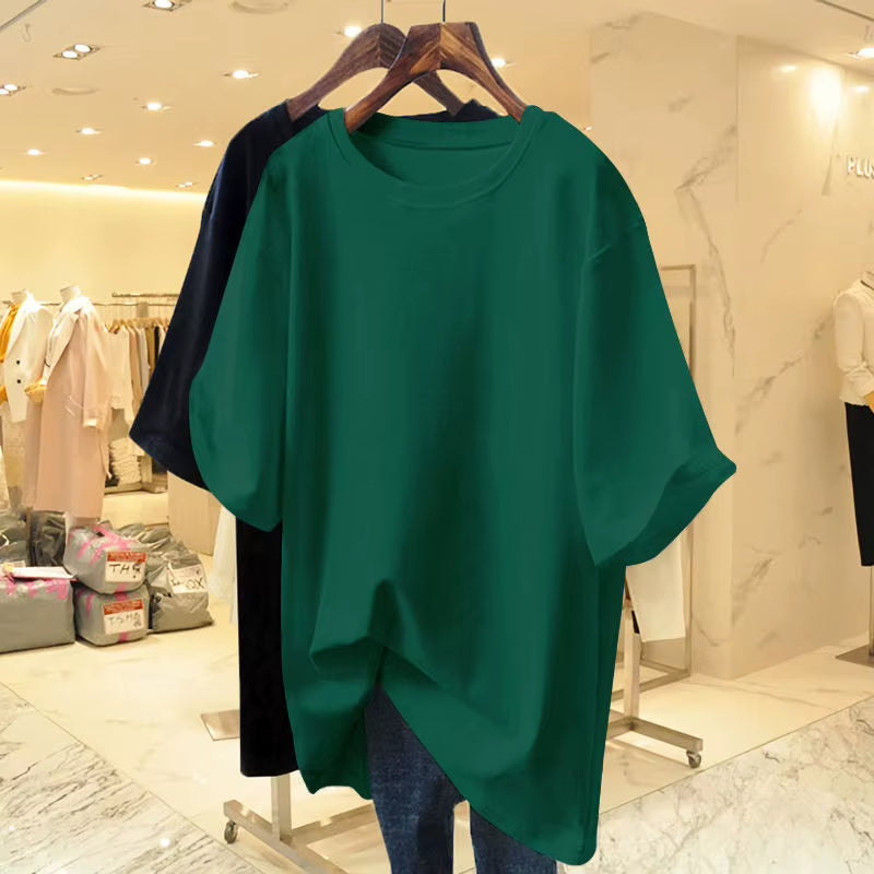 Women Clothing Fashion Cotton O-Neck Short Sleeve T-Shirt Summer Casual Loose Oversized Solid Top Tee Basic Pullover 45-105Kg