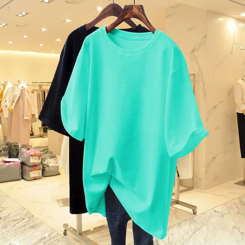 Women Clothing Fashion Cotton O-Neck Short Sleeve T-Shirt Summer Casual Loose Oversized Solid Top Tee Basic Pullover 45-105Kg