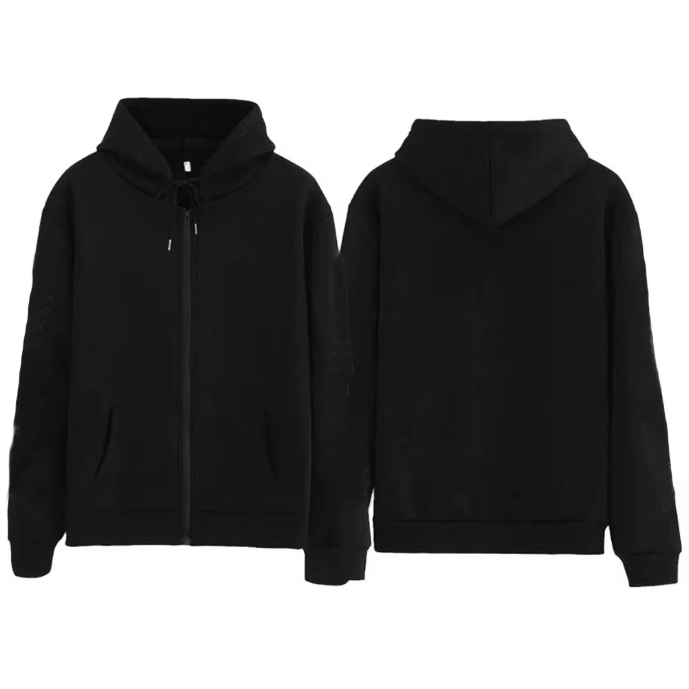 Black Zip up Hoodie Unisex Casual Street Style Sweatshirt Basic Solid Color Hooded Top for All-Match Outfits"