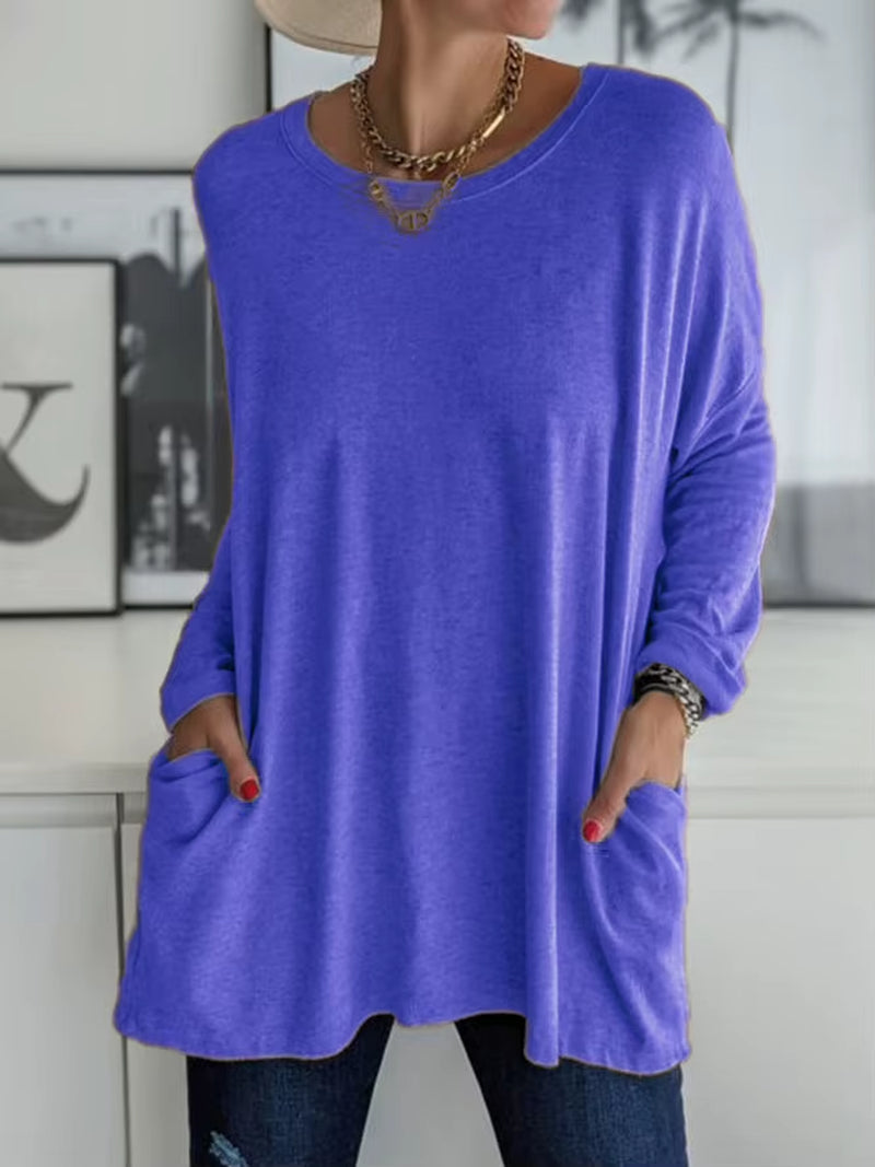 Solid Color Vintage Pocket Oversized T-Shirt Female Clothing Fashion Autumn Tunics Basic Y2K Top Women 2021 Long Sleeve T Shirt